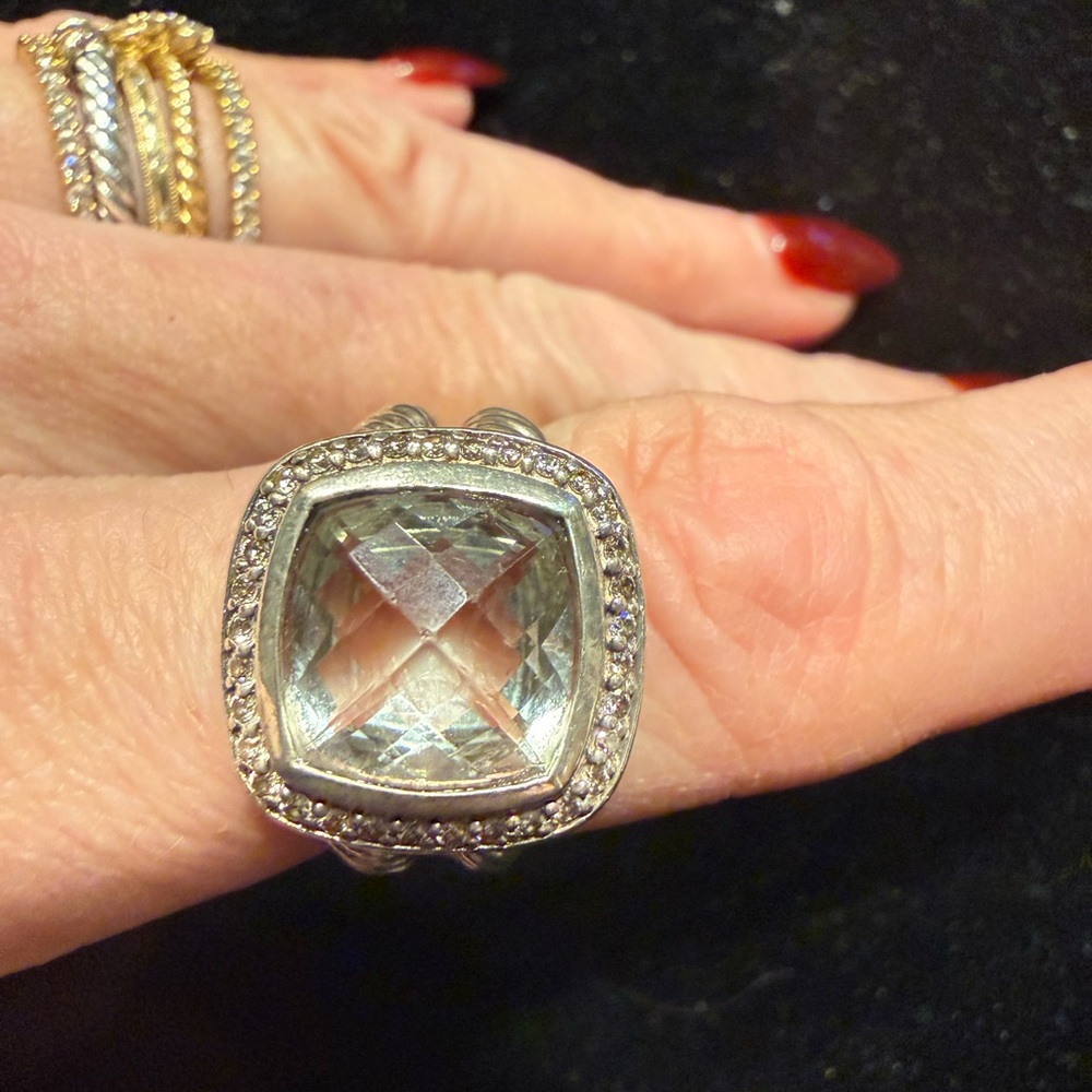 David Yurman Silver Ring with Light Blue Cushion Gemstone